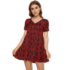Micro Blood Red Cats Tiered Short Sleeve Babydoll Dress by InPlainSightStyle