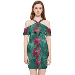 Rare Excotic Forest Of Wild Orchids Vines Blooming In The Calm Shoulder Frill Bodycon Summer Dress by pepitasart