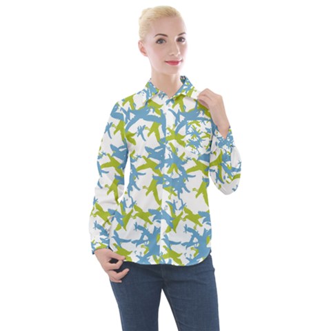 Birds Silhouette Motif Random Pattern Women s Long Sleeve Pocket Shirt by dflcprintsclothing
