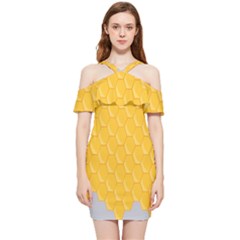 Hexagons Yellow Honeycomb Hive Bee Hive Pattern Shoulder Frill Bodycon Summer Dress by artworkshop