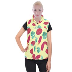 Watermelon Leaves Cherry Background Pattern Women s Button Up Vest by nate14shop