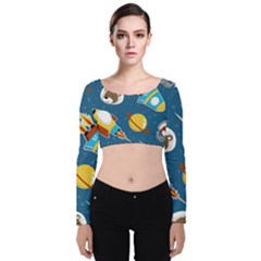 Seamless-pattern-vector-with-spacecraft-funny-animals-astronaut Velvet Long Sleeve Crop Top by Jancukart