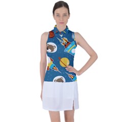 Seamless-pattern-vector-with-spacecraft-funny-animals-astronaut Women s Sleeveless Polo Tee by Jancukart