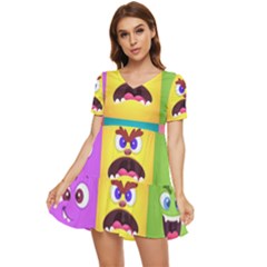 Monsters Emotions Scary Faces Masks With Mouth Eyes Aliens Monsters Emoticon Set Tiered Short Sleeve Babydoll Dress by Jancukart