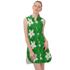 Flowers-green-white Sleeveless Shirt Dress