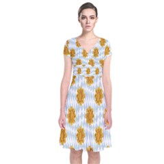 Flowers-gold-blue Short Sleeve Front Wrap Dress by nate14shop