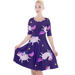 Fantasy-fat-unicorn-horse-pattern-fabric-design Quarter Sleeve A-line Dress by Jancukart