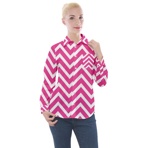 Chevrons - Pink Women s Long Sleeve Pocket Shirt by nate14shop