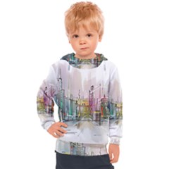 Drawing-watercolor-painting-city Kids  Hooded Pullover by Jancukart