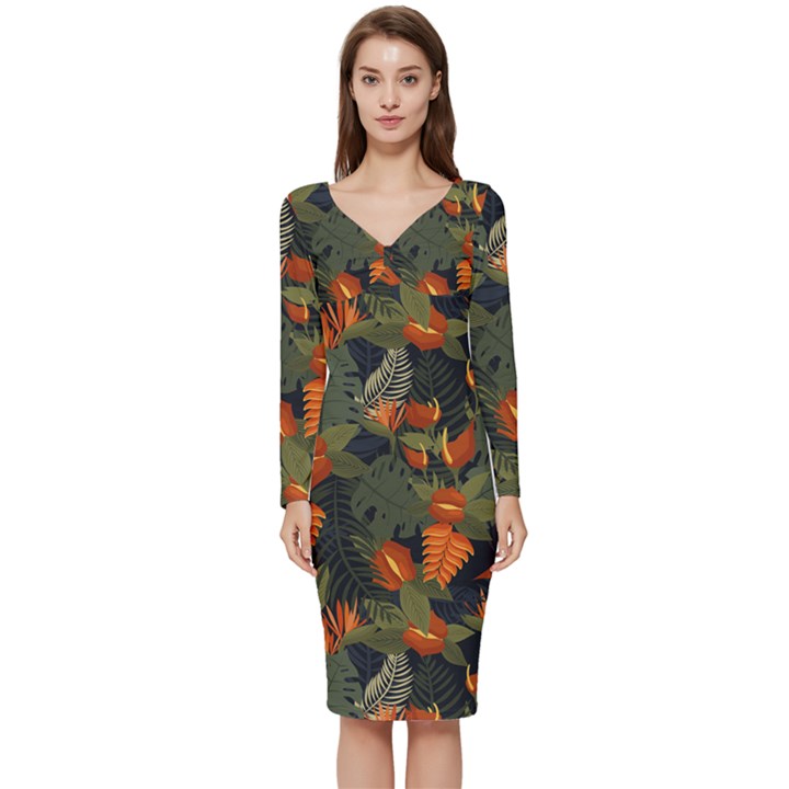 Orange Leaves Long Sleeve V-Neck Bodycon Dress 