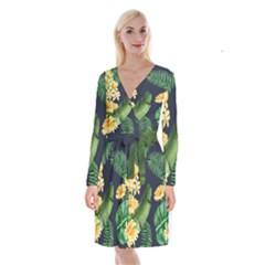 Sea Of Yellow Flowers Long Sleeve Velvet Front Wrap Dress by HWDesign