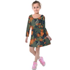 Orange Leaves Kids  Long Sleeve Velvet Dress by HWDesign