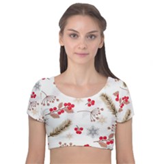 Christmas-seamless-pattern-with-fir-branches Velvet Short Sleeve Crop Top  by nate14shop