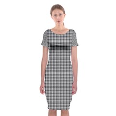 Soot Black And White Handpainted Houndstooth Check Watercolor Pattern Classic Short Sleeve Midi Dress by PodArtist