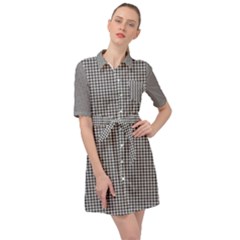 Soot Black And White Handpainted Houndstooth Check Watercolor Pattern Belted Shirt Dress by PodArtist