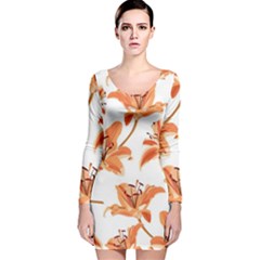 Lily-flower-seamless-pattern-white-background Long Sleeve Velvet Bodycon Dress by nate14shop