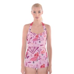 Seamless-pattern-with-flamingo Boyleg Halter Swimsuit  by nate14shop