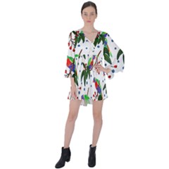 Seamless-pattern-with-parrot V-neck Flare Sleeve Mini Dress by nate14shop