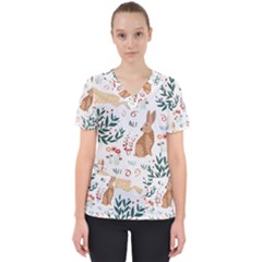 Seamless-pattern-with-rabbit Women s V-neck Scrub Top by nate14shop