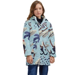 Tropical-leaves-seamless-pattern-with-monkey Kid s Hooded Longline Puffer Jacket by nate14shop