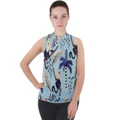Tropical-leaves-seamless-pattern-with-monkey Mock Neck Chiffon Sleeveless Top by nate14shop