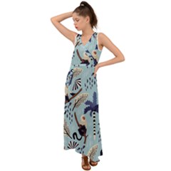 Tropical-leaves-seamless-pattern-with-monkey V-neck Chiffon Maxi Dress by nate14shop