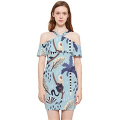 Tropical-leaves-seamless-pattern-with-monkey Shoulder Frill Bodycon Summer Dress by nate14shop