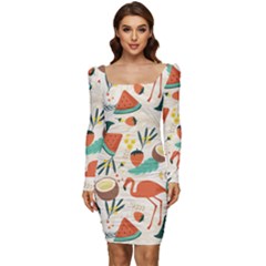 Fruity Summer Women Long Sleeve Ruched Stretch Jersey Dress by HWDesign