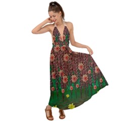 Floral Vines Over Lotus Pond In Meditative Tropical Style Backless Maxi Beach Dress by pepitasart