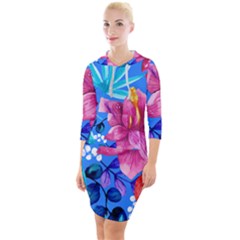  Vibrant Colorful Flowers On Sky Blue Quarter Sleeve Hood Bodycon Dress by HWDesign