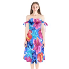  Vibrant Colorful Flowers On Sky Blue Shoulder Tie Bardot Midi Dress by HWDesign