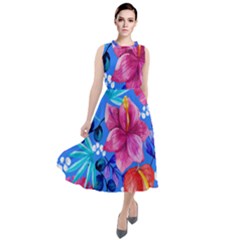  Vibrant Colorful Flowers On Sky Blue Round Neck Boho Dress by HWDesign