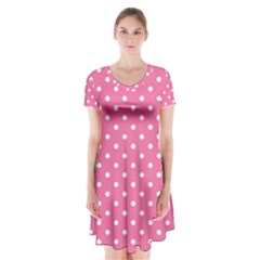 Polkadots-pink-white Short Sleeve V-neck Flare Dress