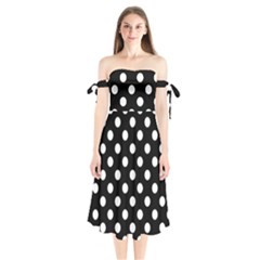 Polka-02 White-black Shoulder Tie Bardot Midi Dress