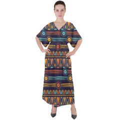 Bohemian-ethnic-seamless-pattern-with-tribal-stripes V-neck Boho Style Maxi Dress by Wegoenart