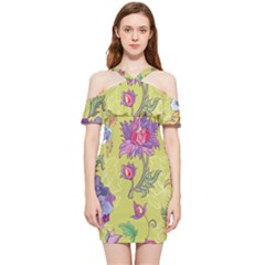 Blue Purple Floral Pattern Shoulder Frill Bodycon Summer Dress by designsbymallika