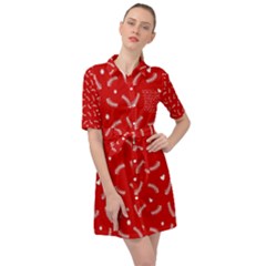 Christmas Pattern,love Red Belted Shirt Dress by nate14shop
