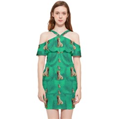 Happy Small Dogs In Calm In The Big Blooming Forest Shoulder Frill Bodycon Summer Dress by pepitasart