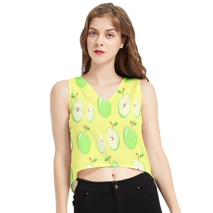 Apple Pattern Green Yellow V-Neck Cropped Tank Top