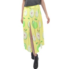 Apple Pattern Green Yellow Velour Split Maxi Skirt by artworkshop