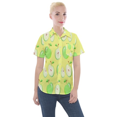 Apple Pattern Green Yellow Women s Short Sleeve Pocket Shirt by artworkshop