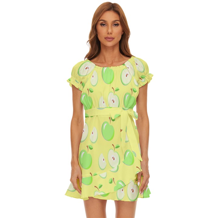 Apple Pattern Green Yellow Puff Sleeve Frill Dress