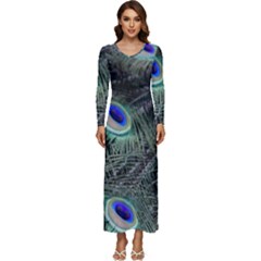 Plumage Peacock Feather Colorful Long Sleeve Velour Longline Maxi Dress