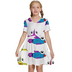 Fish Swim Cartoon Funnycute Kids  Short Sleeve Tiered Mini Dress