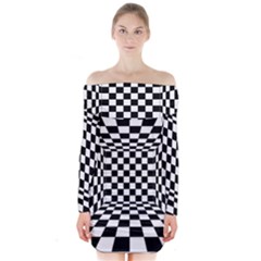 Black And White Chess Checkered Spatial 3d Long Sleeve Off Shoulder Dress by Sapixe