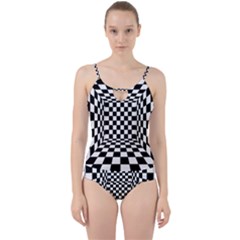 Black And White Chess Checkered Spatial 3d Cut Out Top Tankini Set by Sapixe