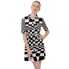 Black And White Chess Checkered Spatial 3d Belted Shirt Dress by Sapixe