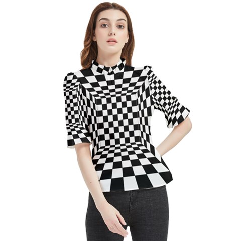 Black And White Chess Checkered Spatial 3d Frill Neck Blouse by Sapixe