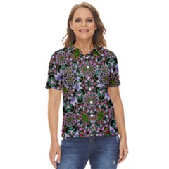 Tropical Blooming Forest With Decorative Flowers Mandala Women s Short Sleeve Double Pocket Shirt