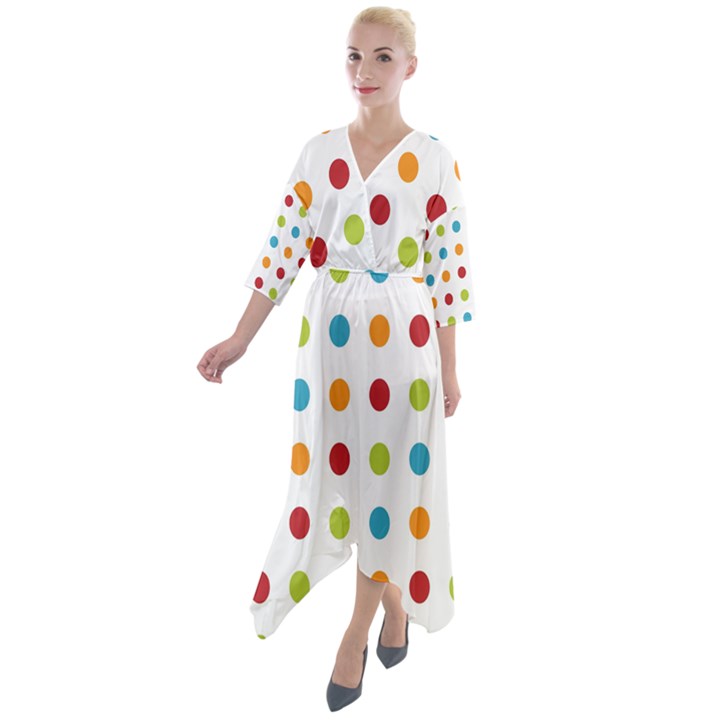 Polka-dots Quarter Sleeve Wrap Front Maxi Dress